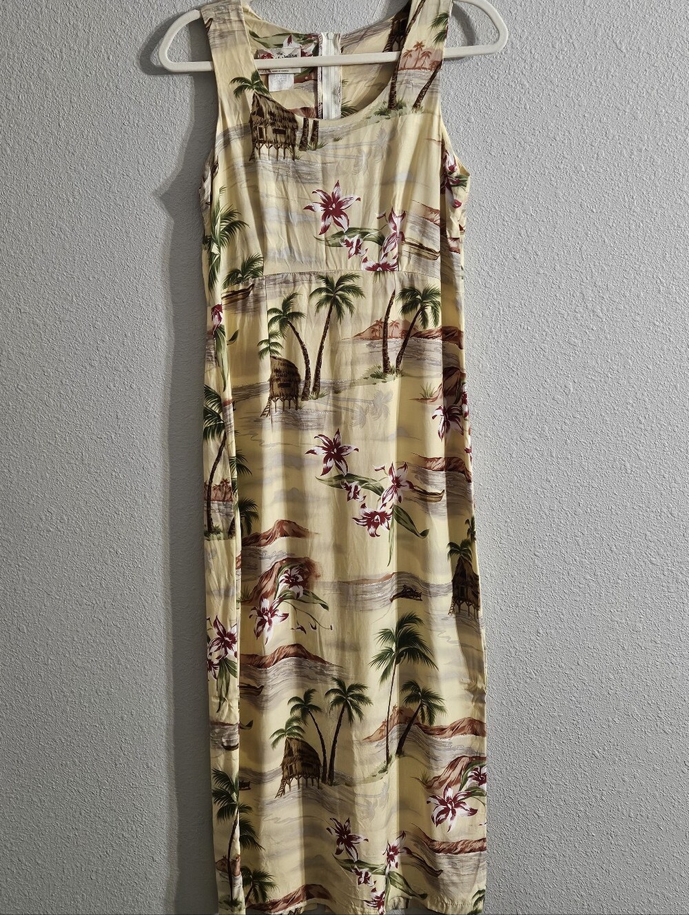 Hilo Hattie Yellow Tropical Maxi Dress with Green & Pink Accents, Size 10